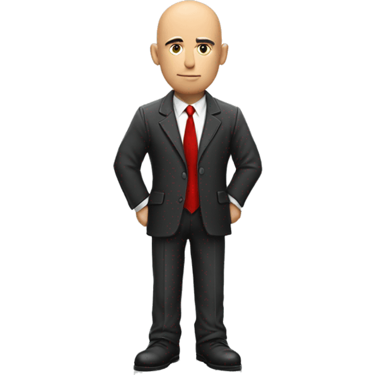 Serious Bald man with suit and red tie and leather gloves with back against wall peaking around corner emoji