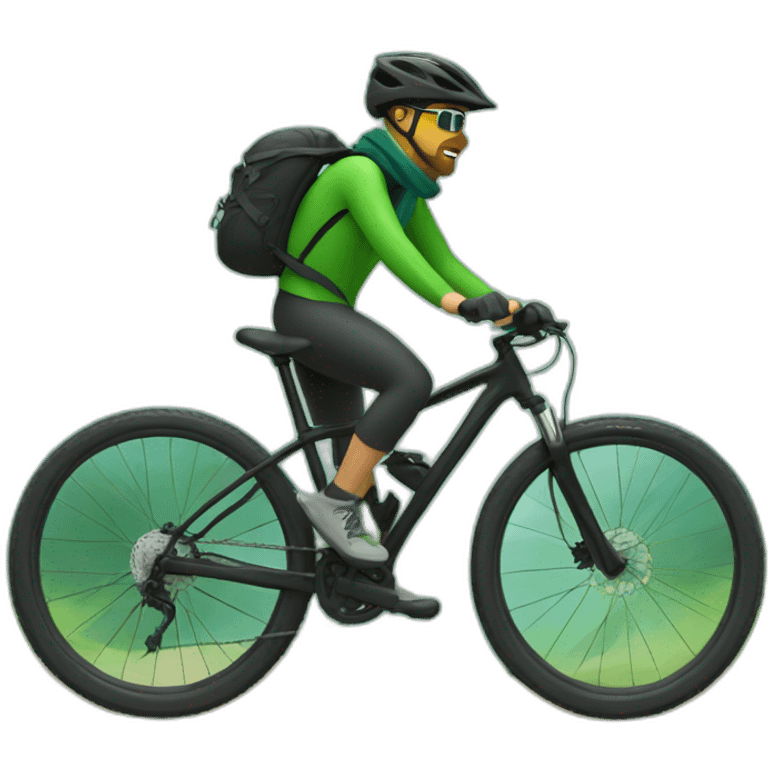 mountain biker without a backpack, with a green bicycle, with a scarf, hat and dark clothing, traveling at high speed emoji