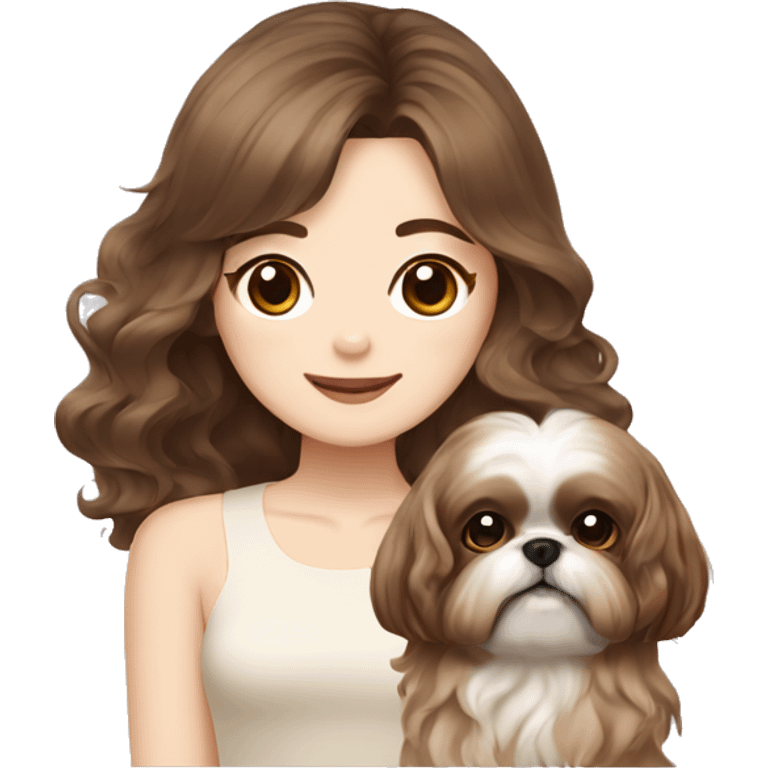 long brown wavy hair korean girl with cream and brown colored shih tzu emoji