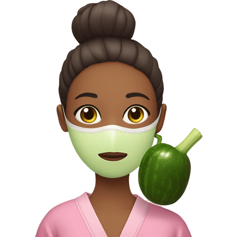 Girl with a bun and a pink robe with a green skincare mask on and one cucumber slice on each eye emoji