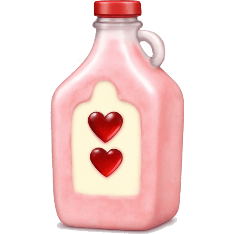 Antique heart-shaped bottle with butter, made of red crystals, white cream and pink strawberry milk pour from the bottle emoji