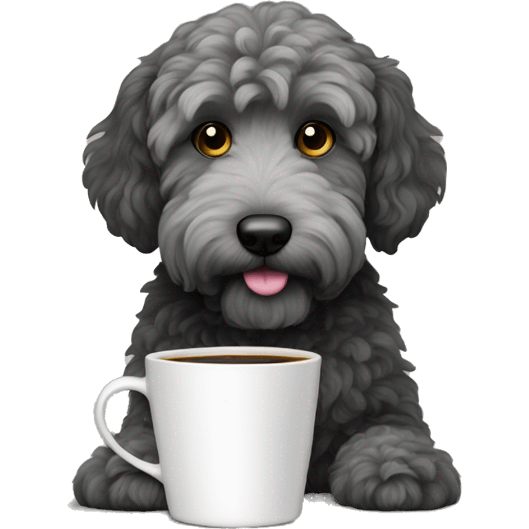 Black and gray goldendoodle dog with coffee cup  emoji