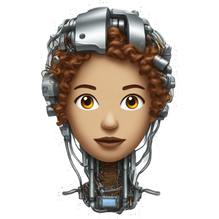 metal female cyborg head with brown curly hair and circuitry emoji