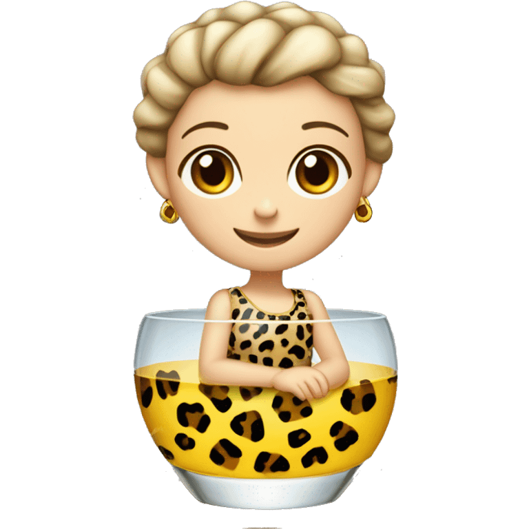 Una niña pelirroja con un vestido de leopardo metida en un vaso de cristal emoji