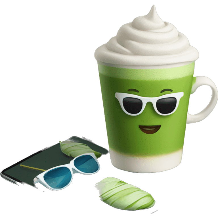 Matcha latte with iPad and sunglasses  emoji