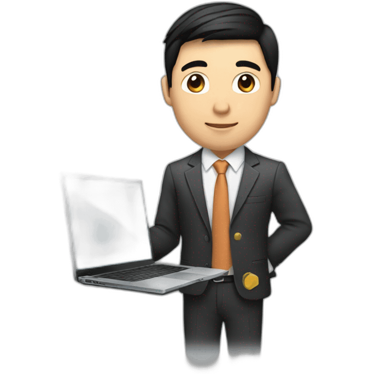 Male investment manager in professional clothes, black hair, asian, with a laptop in front of him  emoji