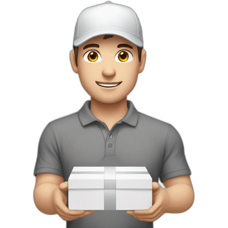 Pale skinned fit Man with dark brown hair in a white cap, gray jeans and dark gray polo T-shirt keeping a pasted with tape white box into his hands emoji