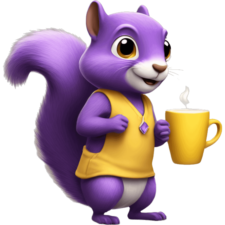 purple animated squirrel in a yellow dress with a large mug of coffee in its paws emoji