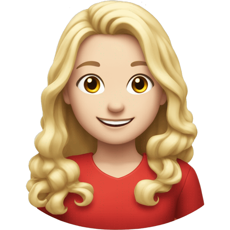 Smiling girl in red dress with long blonde hair holding a sheep emoji