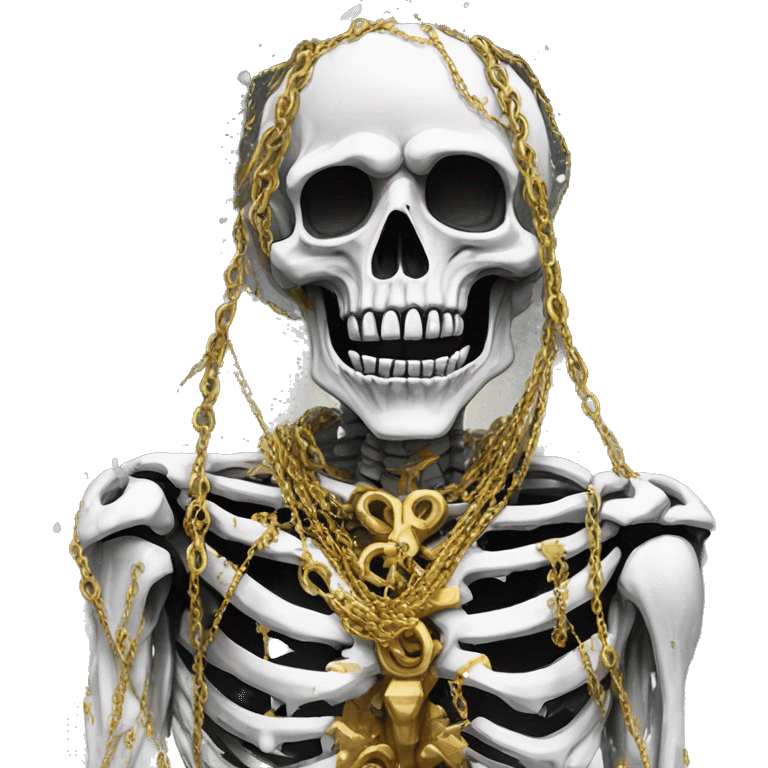 White skeleton zombie person covered in golden chains and black graffiti scribbles and red and silver doodles snowing snowflakes emoji