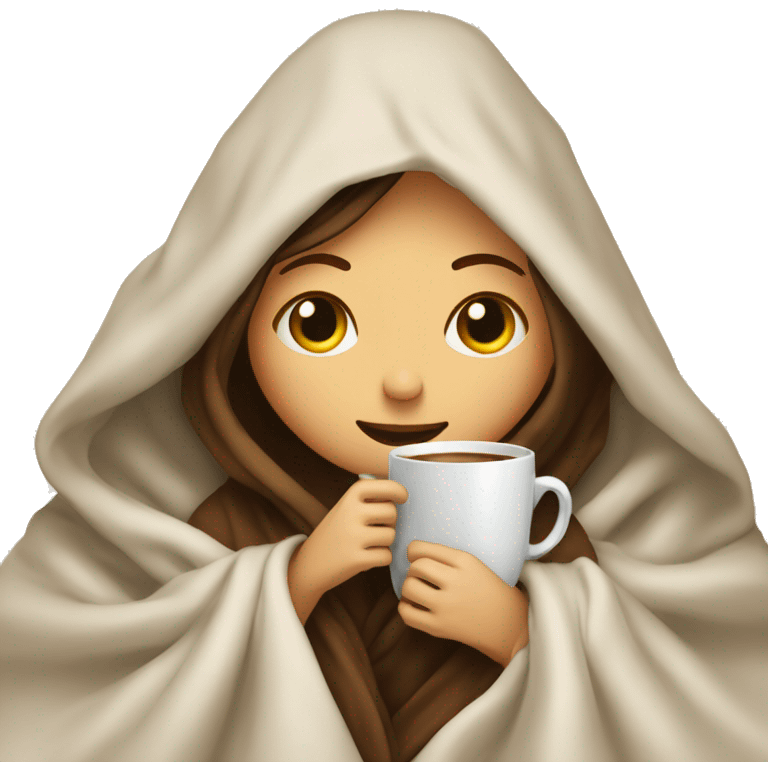 girl inside a blanket sipping coffee eyes closed, white  emoji