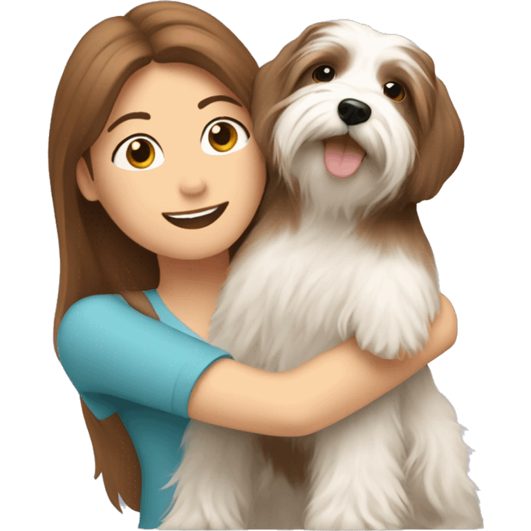 a brown-haired white woman hugging a havanese emoji