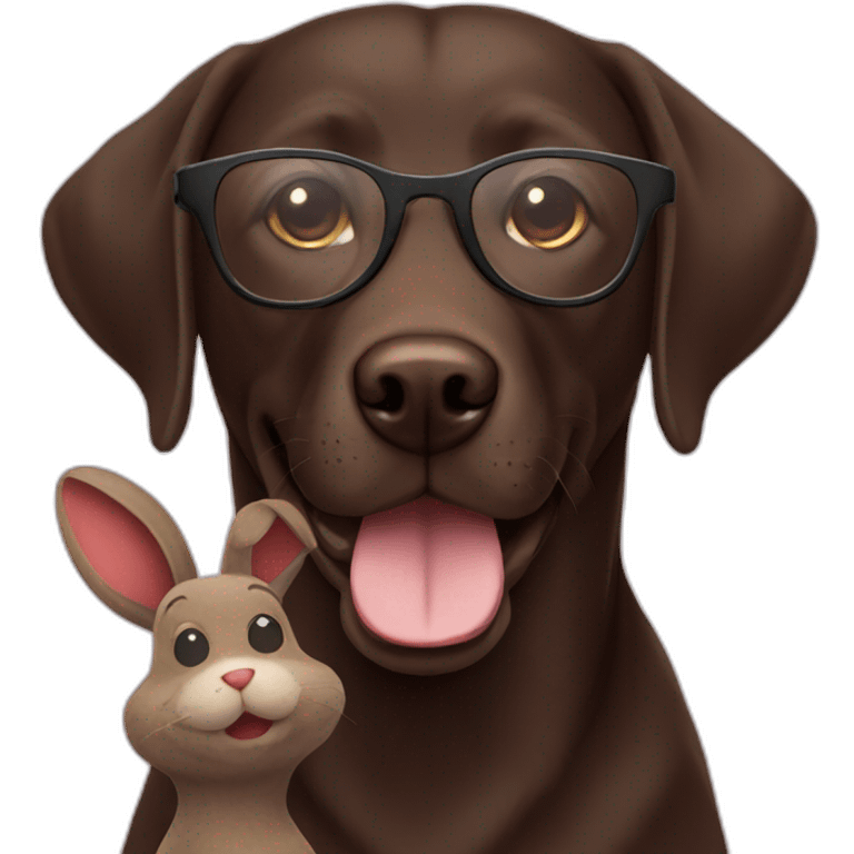 dark brown labrador with glasses smiling and a stuffed rabbit in mouth emoji