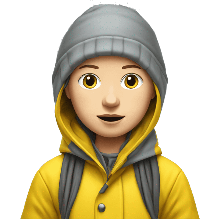 Greta Thunberg with a yellow raincoat and grey beenie, with demonstration sign emoji