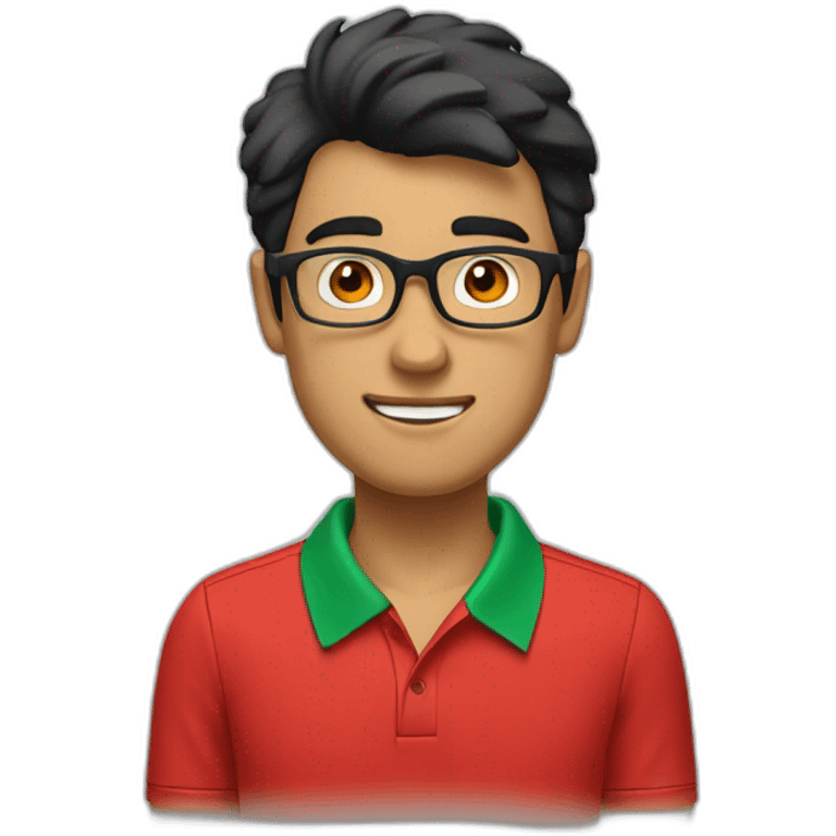 Man with black hair and glasses wearing red polo shirt with green color collar of the shirt emoji