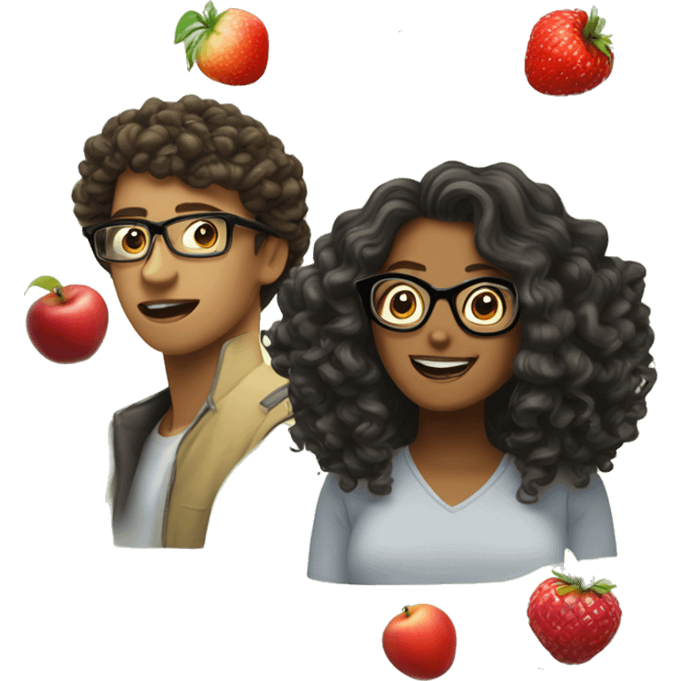 fruit-themed date. woman light skin, shoulder-length curls, glasses, and a slightly shocked expression, as if she’s not excited about the date. The man should have an emo hairstyle and light or olive skin, with a happy and enthusiastic expression emoji