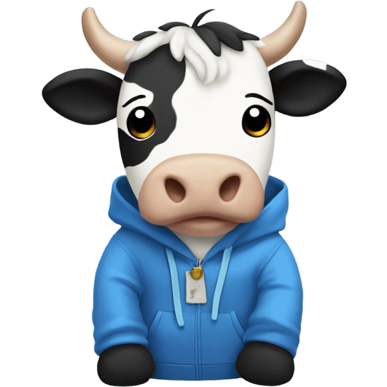 marlow moo a cute stuffed toy cow wearing a facebook hoodie and blue slacks emoji