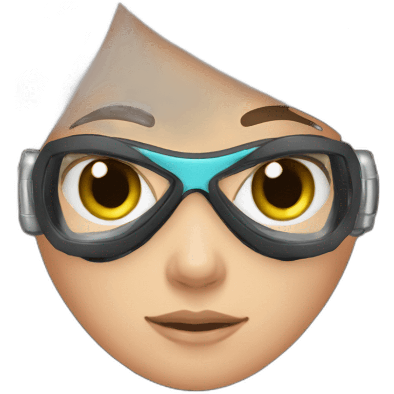 woman with underwater scubadiver gear with fins, in her face green and blue eyes, large and straight brown hair, pink diving underwater black suit gear emoji