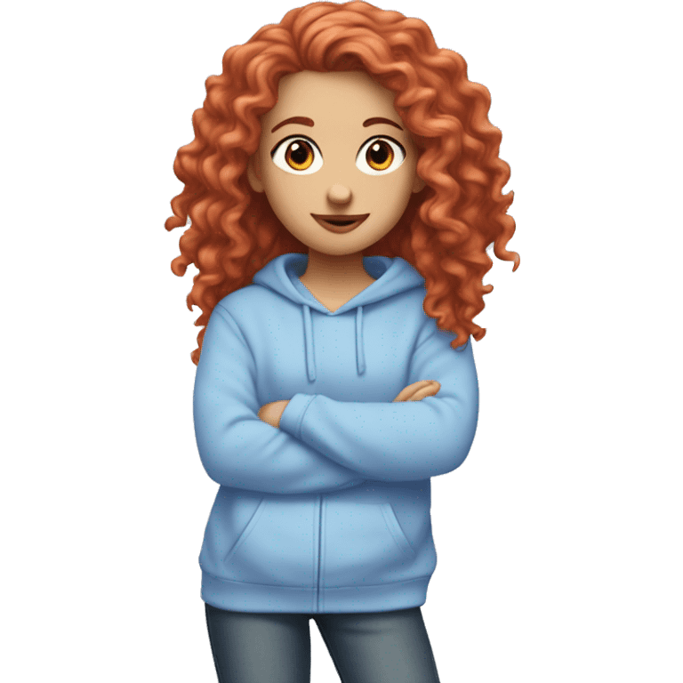 white girl with long red curly hair, wearing a pastel periwinkle hoodie doing a pose emoji