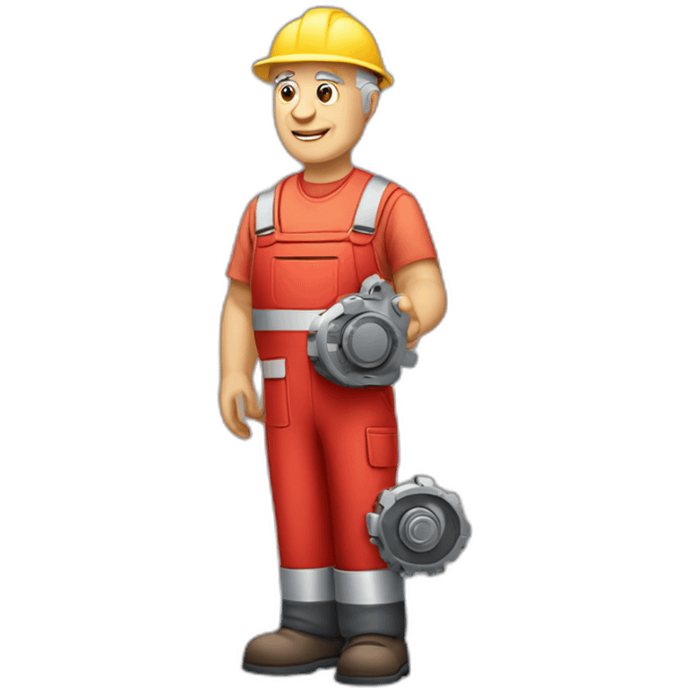 Industrial professional senior mechanical assembler working on the assembly of heavy machinery with a red outfit emoji