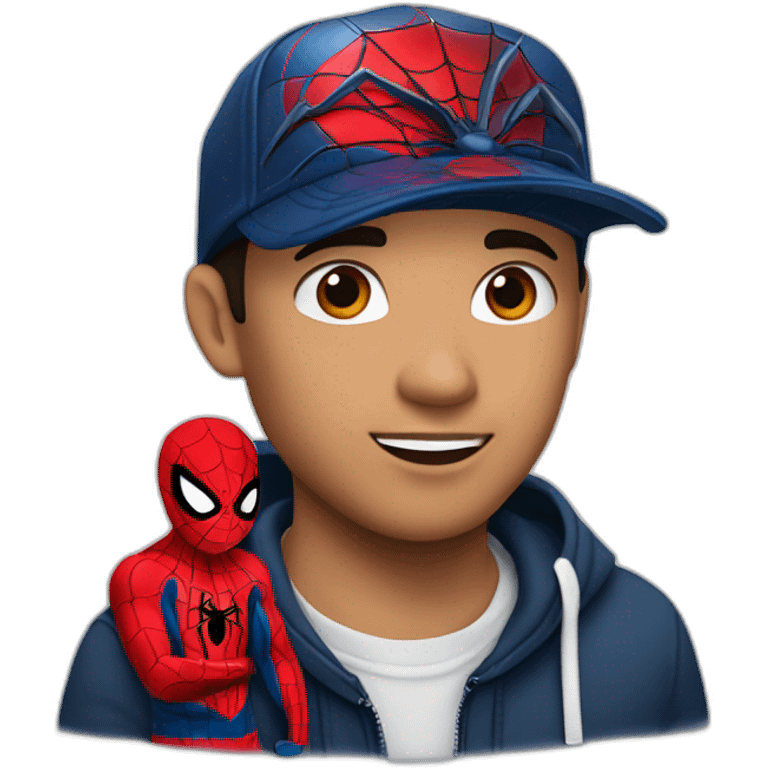 chico blanco con una rera de spiderman un tatuaje en el cuello que diga amor en chino que tenga una gorra negra con un logo de la redbull y con un arito en la ceja emoji