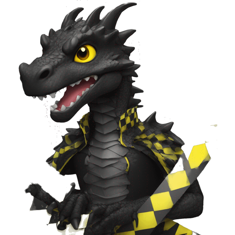 Black dragon dressed in punk clothes with chequer black and white markings and yellow caution tape  emoji