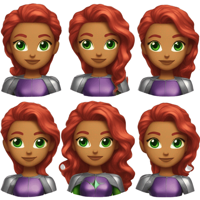 dc comics starfire red hair; purple silver outfit; emerald green eyes emoji