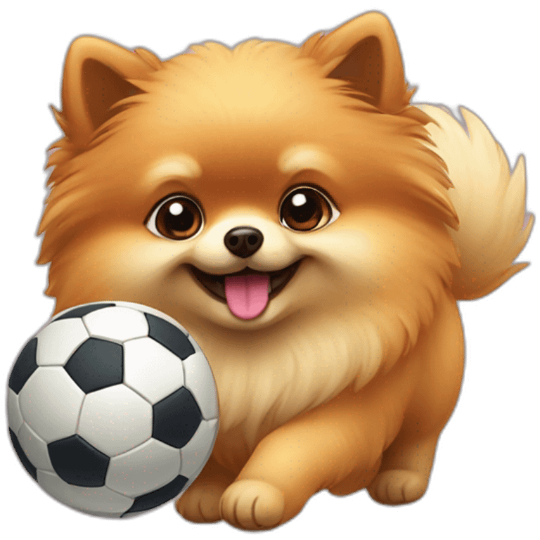 Pomeranian playing with a football and scoring a goal emoji