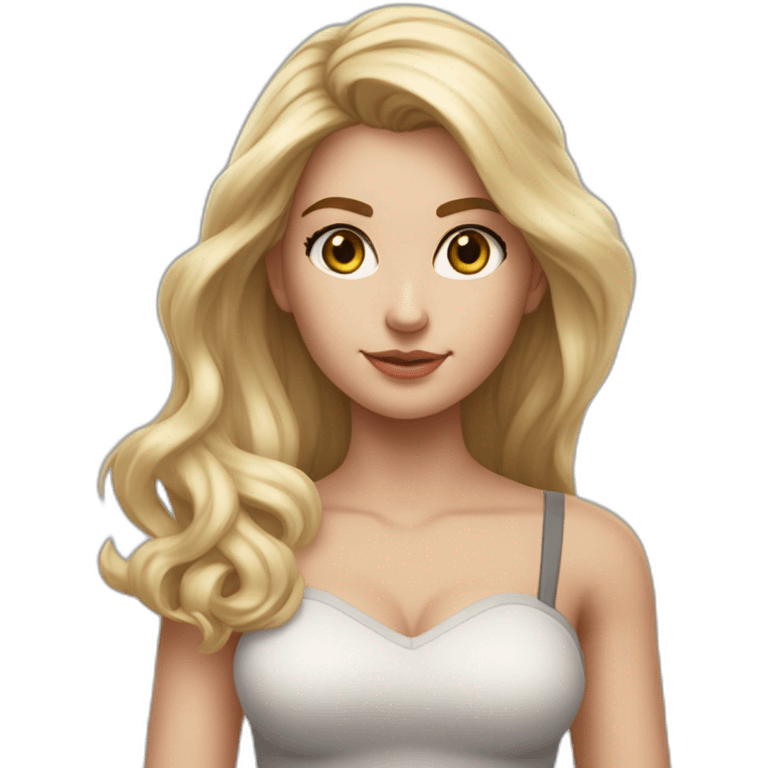 hyperrealistic caucasian long blonde hair brown perfect eyes woman white v-neck strapless top gray tight mini skirt walking towards camera emoji