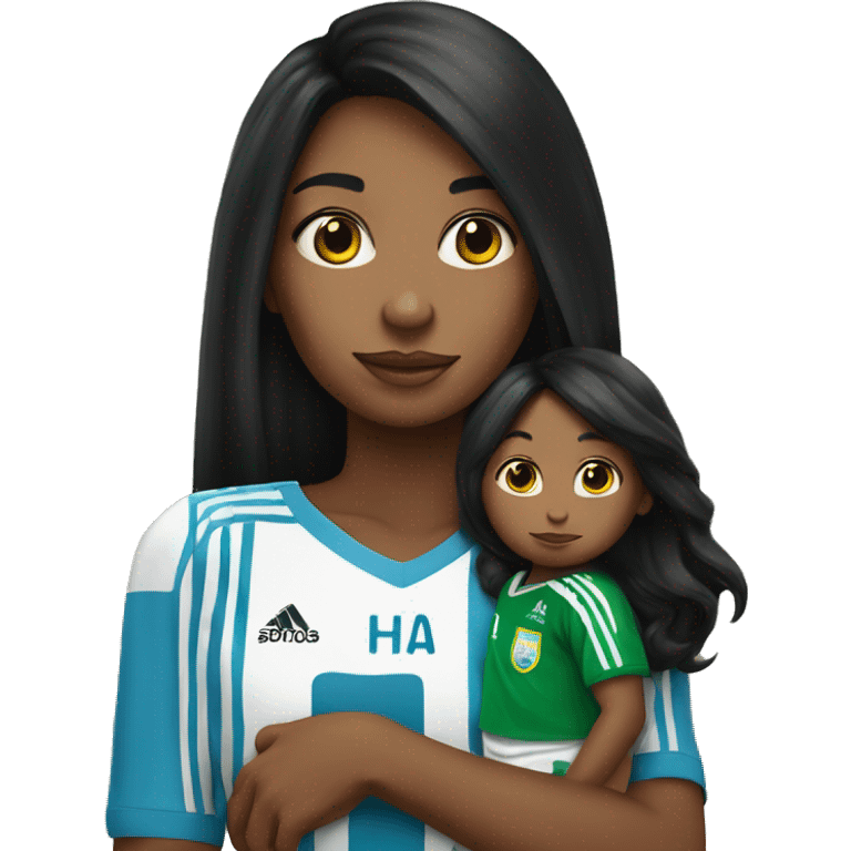 Girl with long black hair wearing a half Argentina half Nigerian jersey holding a baby  emoji