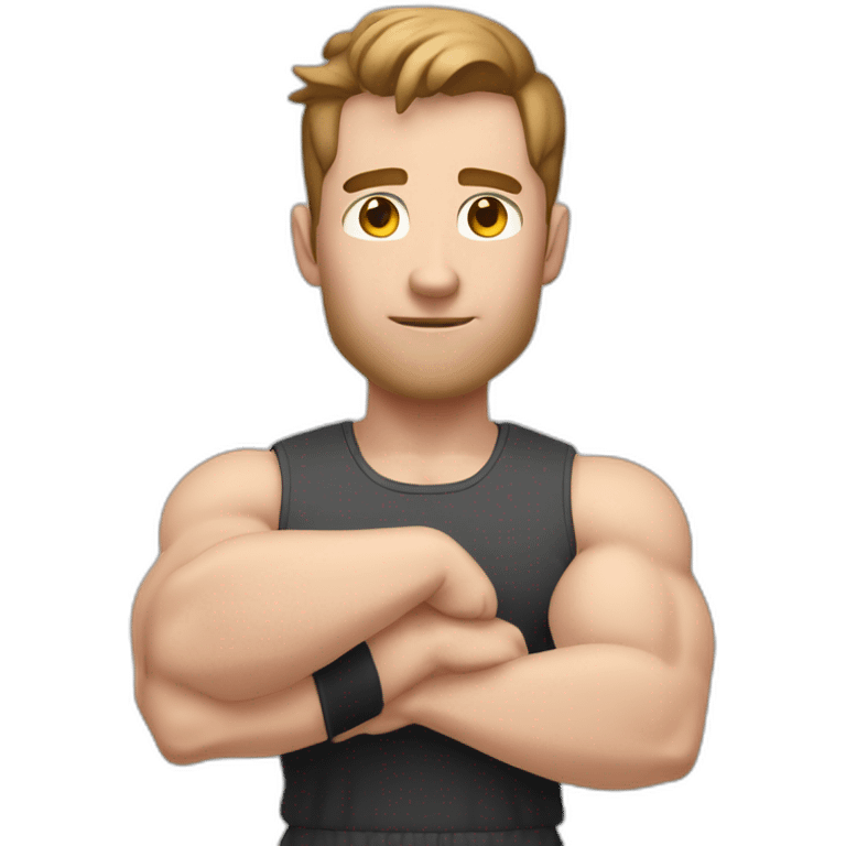 Close up Actively gesturing  with hands Pale skinned Fit Man With the biceps and brown hair in dark gray Sleeveless Mike, black oversize sports shorts, watch and white Sneakers emoji