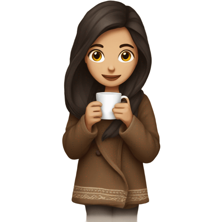 Dark Brown hair Girl drinking coffee, with a cozy blanket emoji