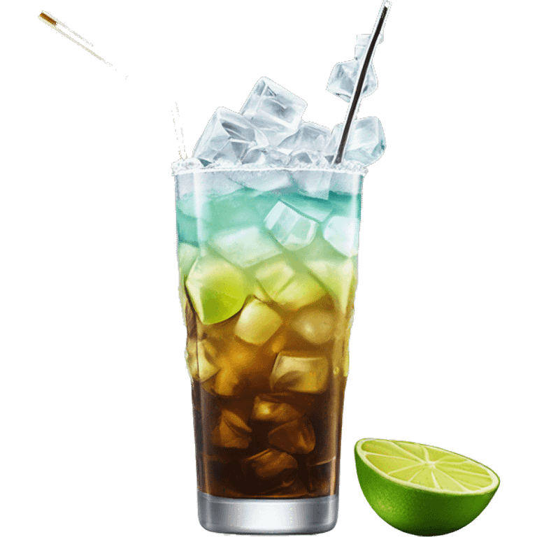 a tall and thin highball cocktail with 2 colors, brown on the bottom and light yellow on top with crush ice and a straw, juste one drink, clear separation between colors, grated lime on top of ice, really thin crushed ice emoji