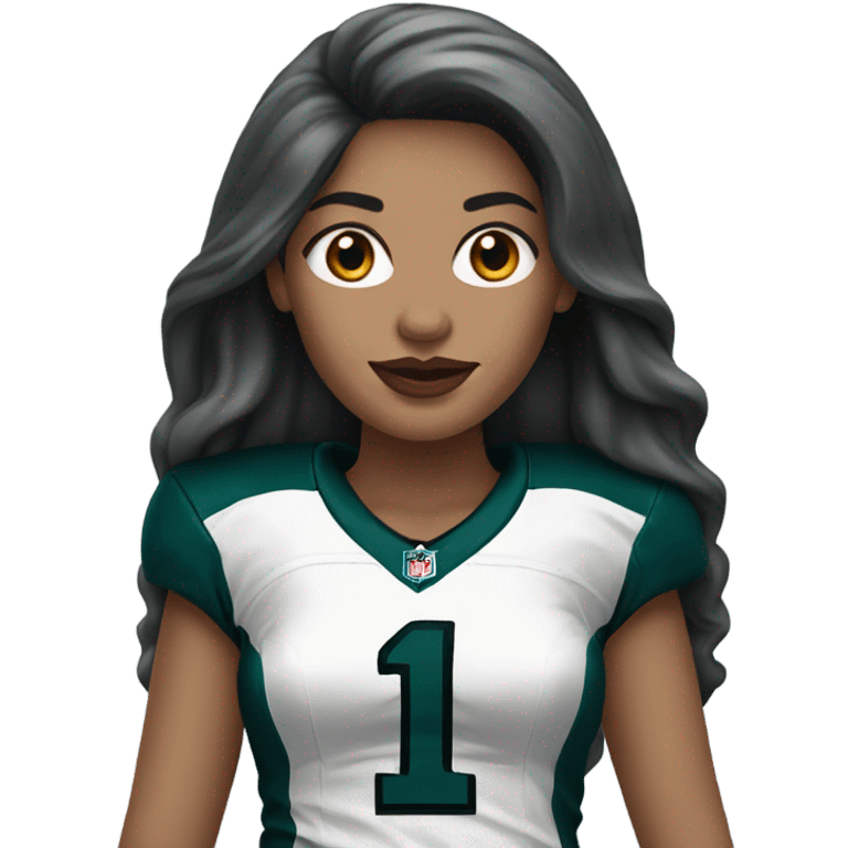 White female long dark hair red lips wearing Philadelphia Eagles jersey emoji