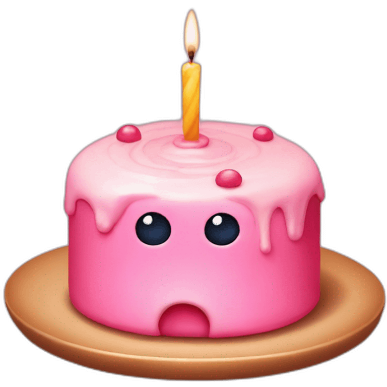 Pink small cake with candle, and two eyes in the glaze, two teeth crawling out from under the glaze emoji