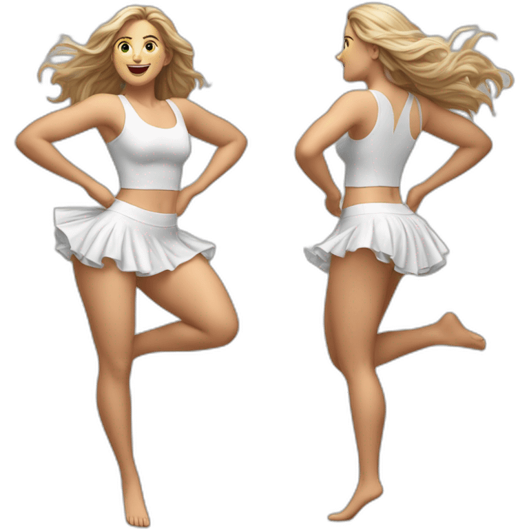 hyperrealistic-full-body-caucasian-curvy-beauty-jumping-small white-skirt-back-and-front-views-strong-wind-knickers emoji