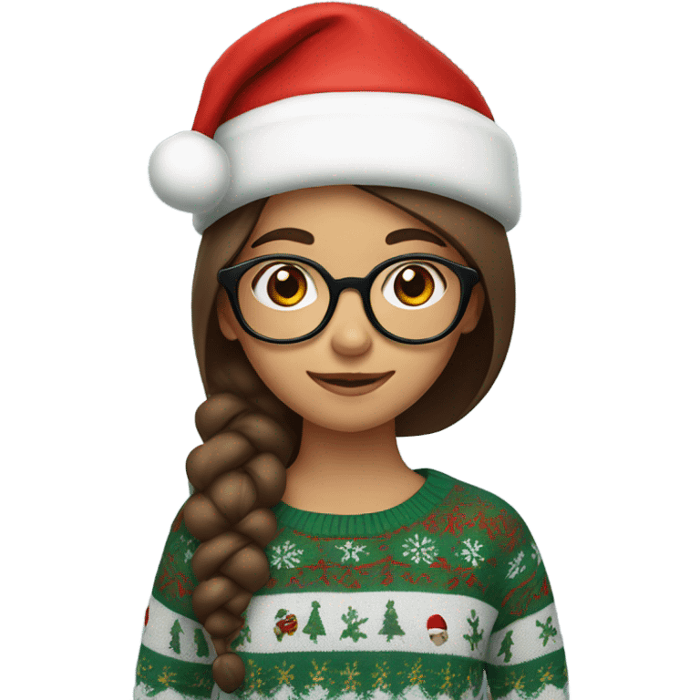 Brown haired girl with glasses wearing a Santa hat and Christmas sweater  emoji