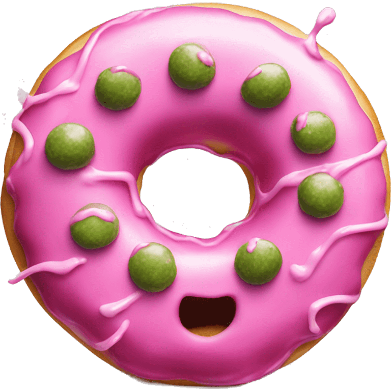 Large pickle inside the hole of a giant pink donut dripping white icing emoji