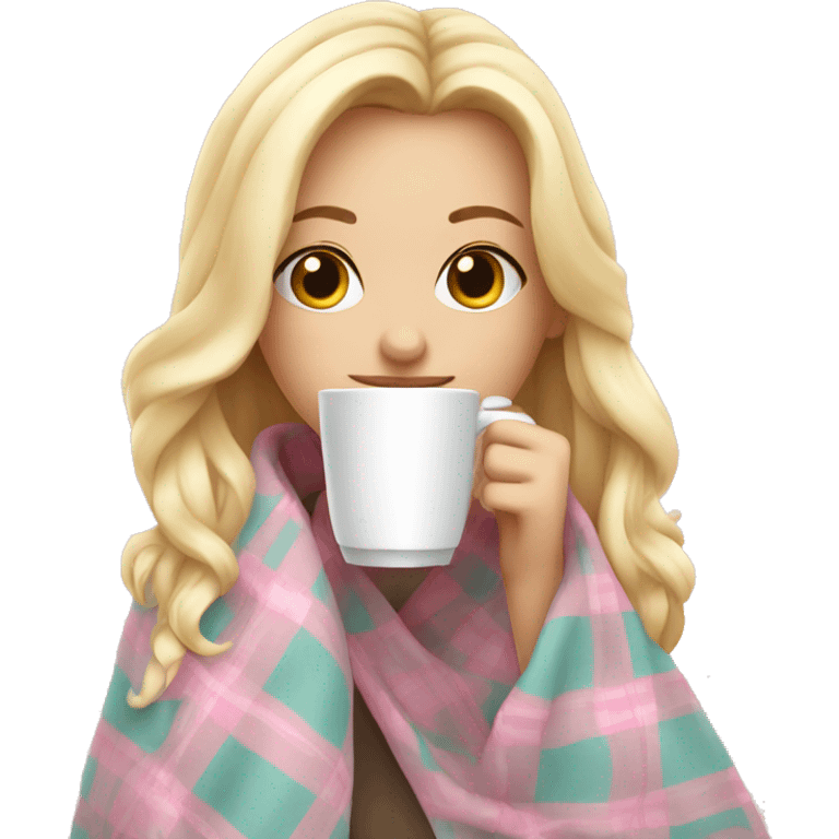 cute blonde girl wrapped in pastel pink plaid blanket drinking coffee emoji