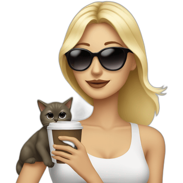 blonde woman with with a cat and both are drinking coffe with sunglasses emoji