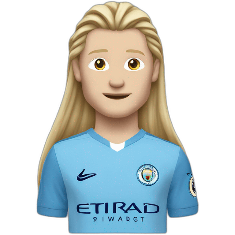 Realistic Erling Haaland has long hair, in a catogan. He is wearing Manchester City football shirt.It has the numéro 9 emoji