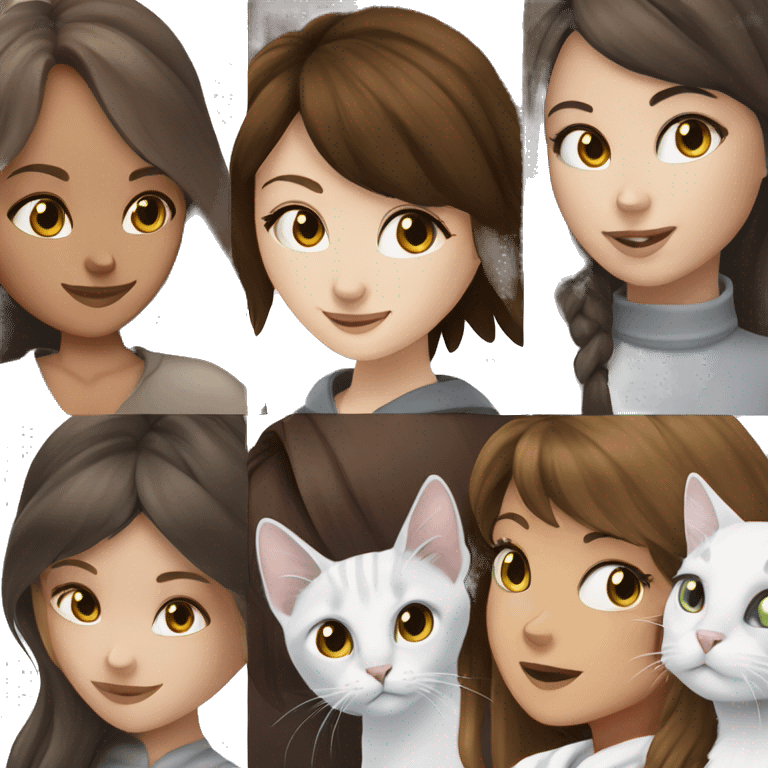 One brunette with brown eyes and white cat and brunette girl with grey eyes and grey cat emoji