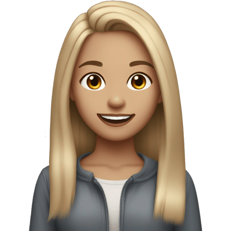 Girl with straight dirty blonde hair with light blonde highlights with makeup smiling and long hair emoji