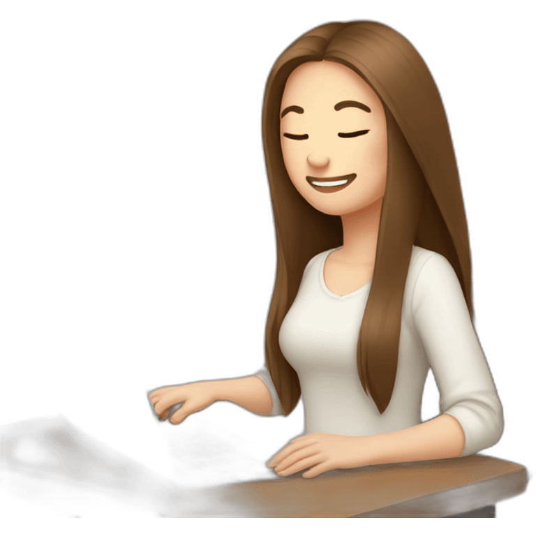 smiling woman pale skin middle brown long straight hair with a closed laptop and a coffee mug wearing a white woolly shirt having her eyes closed emoji