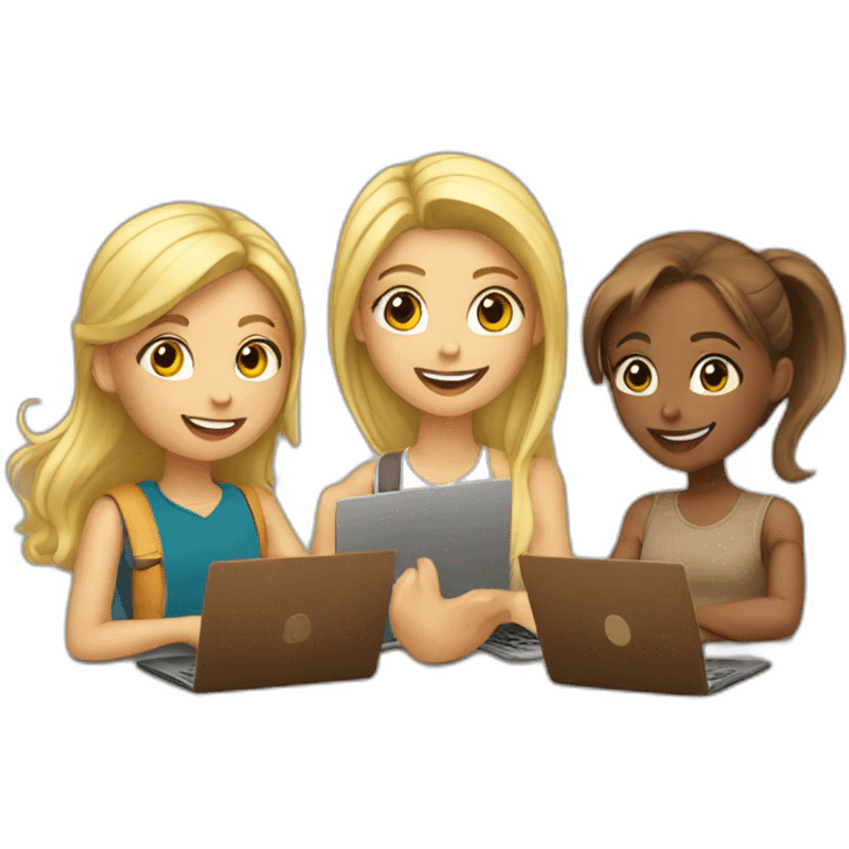 Blond Girl an Brown Girl with Camera, Handy and Laptop emoji