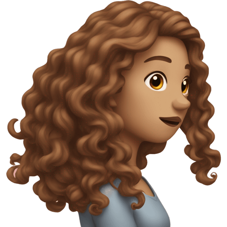 Pale female with long brown curly hair holding her head emoji