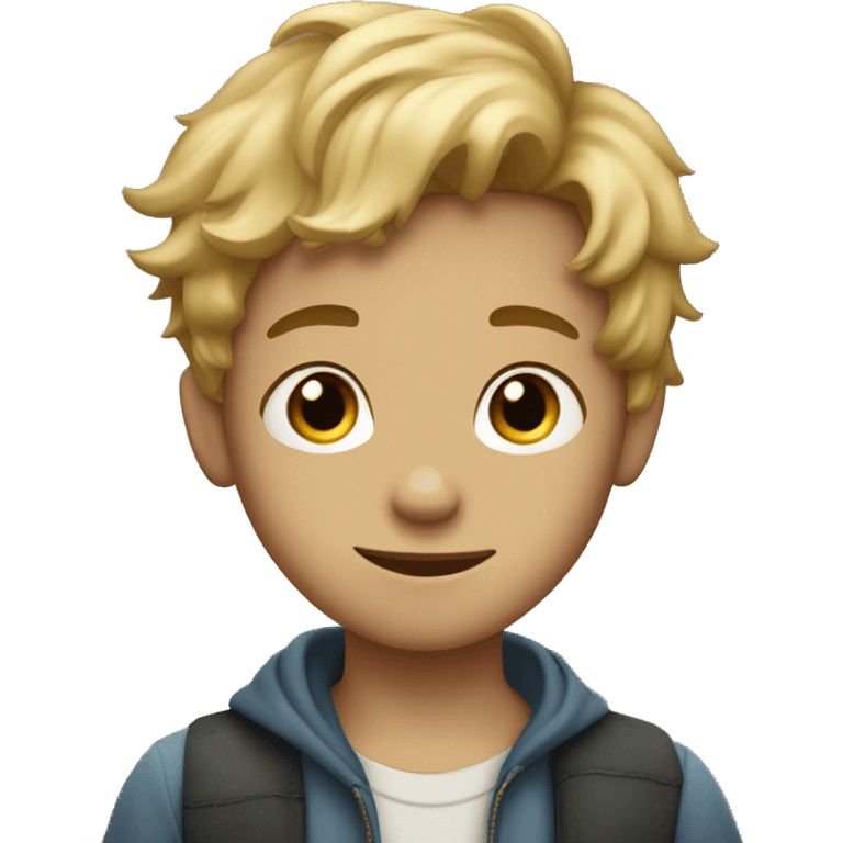 A boy with dirty blonde hair with freckles posing with a peace sign emoji