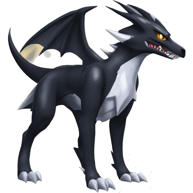 Black, Cool, Edgy, Nargacuga-Garchomp-Houndoom-Sergal Fakémon-Digimon with striking pointy  markings,  full body emoji