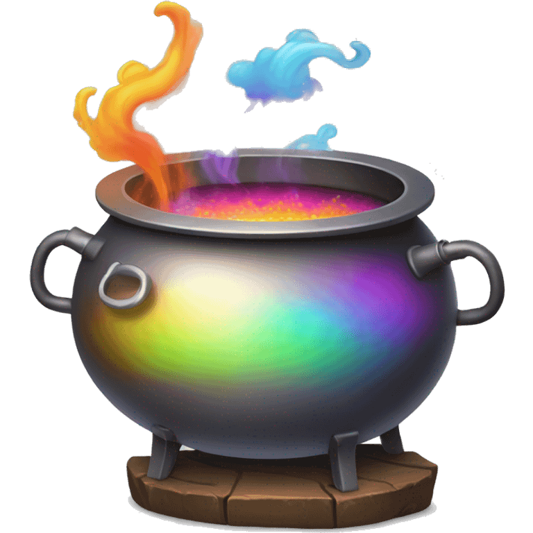 Cauldron with rainbow potion and white steam, under the kettle are fire emoji