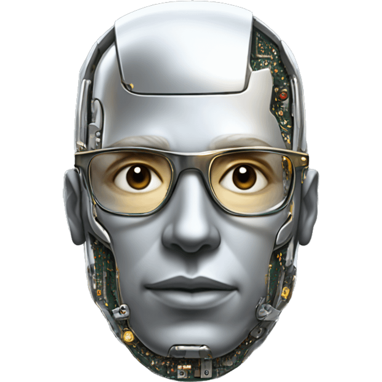 Male cyborg head with metallic skin, flat top, rectangular glasses and circuits emoji